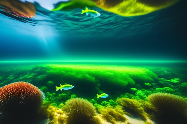 A green and blue ocean with a fish swimming below it.