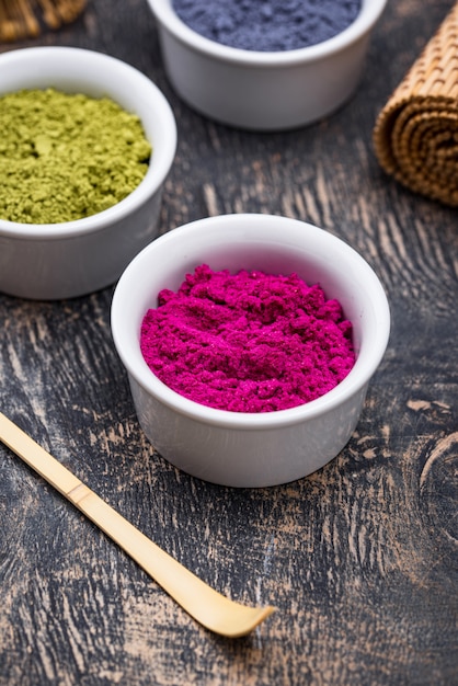 Green, blue and pink matcha powder