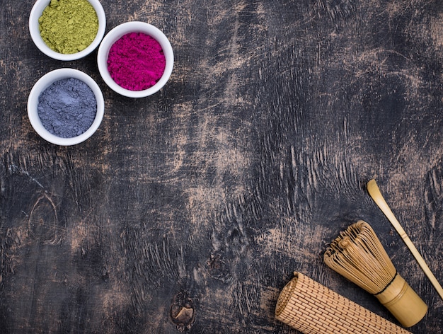 Green, blue and pink matcha powder