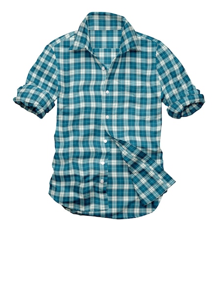 A green and blue plaid shirt hangs on a white background.