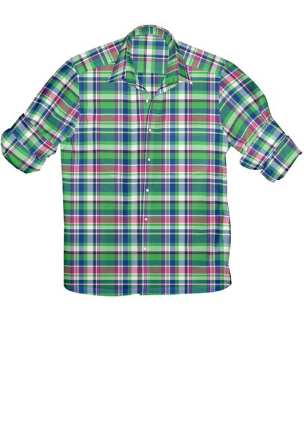 A green and blue plaid shirt with a white background