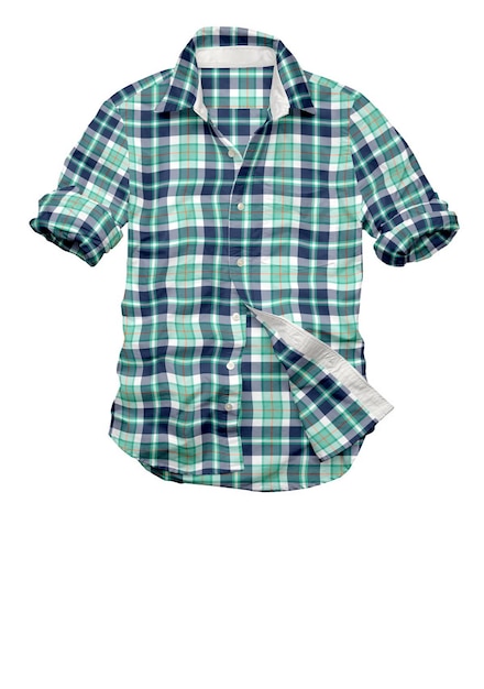 A green and blue plaid shirt with a white background