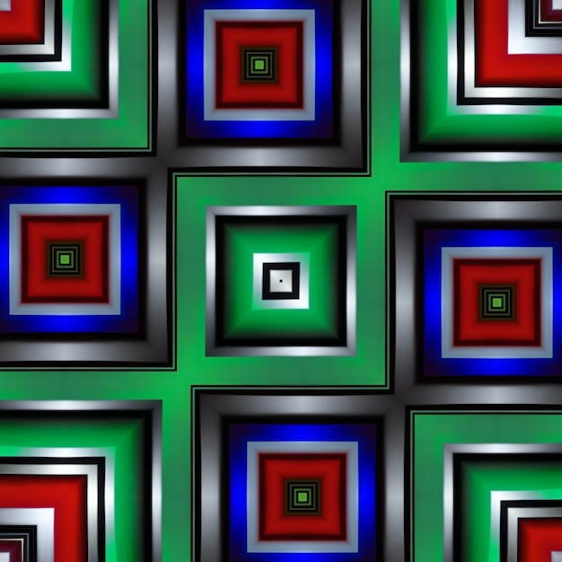 A green, blue, and red background with squares and squares.