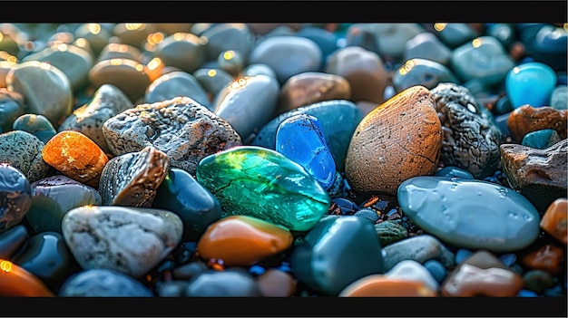 a green and blue rock is surrounded by rocks