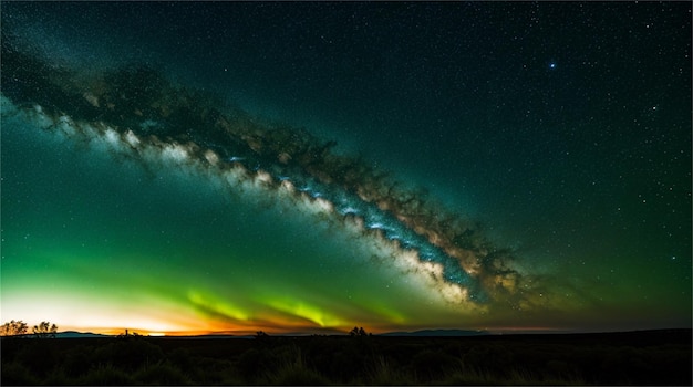 A green and blue sky with the milky way above it