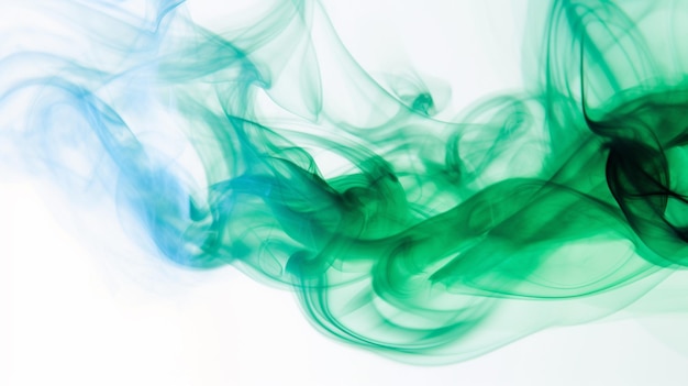 Green and blue smoke in front of a white background