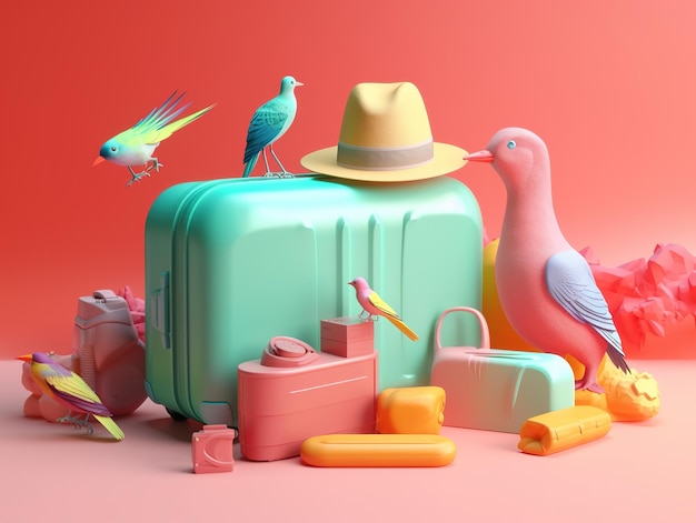 A green and blue suitcase with a bird on it