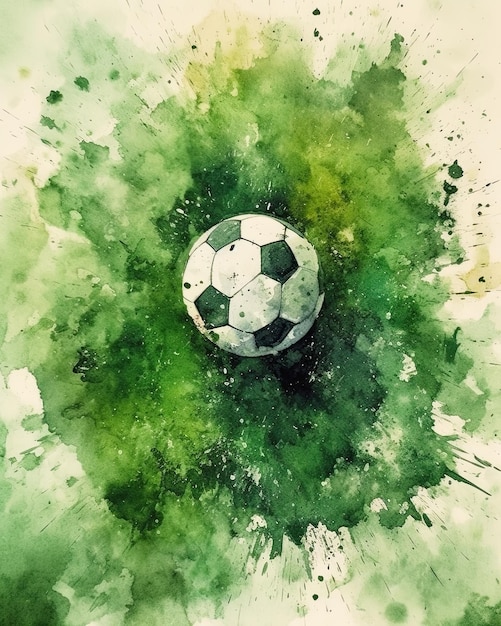 サッカー ボールの緑と青の水彩画。