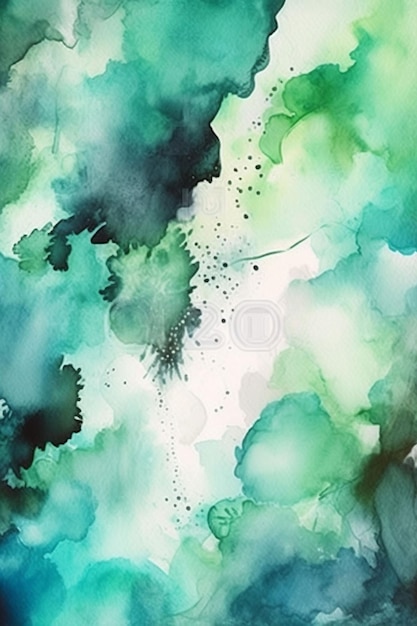 Зелено-голубая акварельная картина на черно-белом фоне.