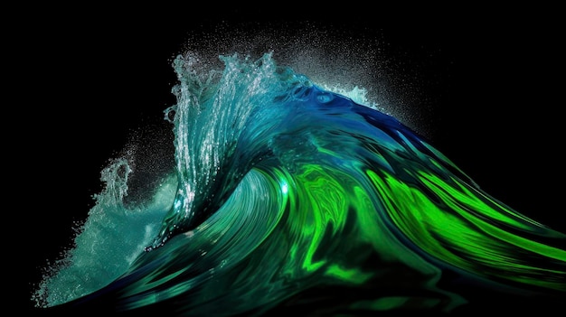 A green and blue wave is covered in green and blue paint.