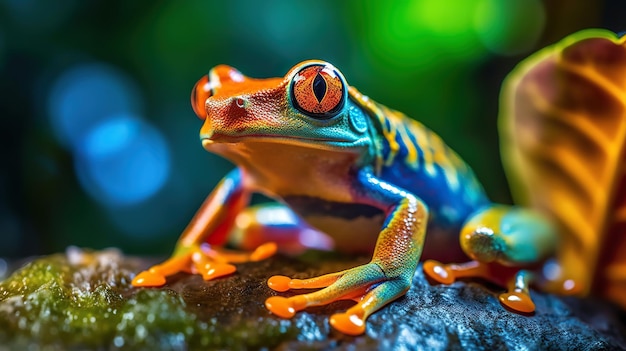 Foto rana blu gialla e arancione su foglia verde