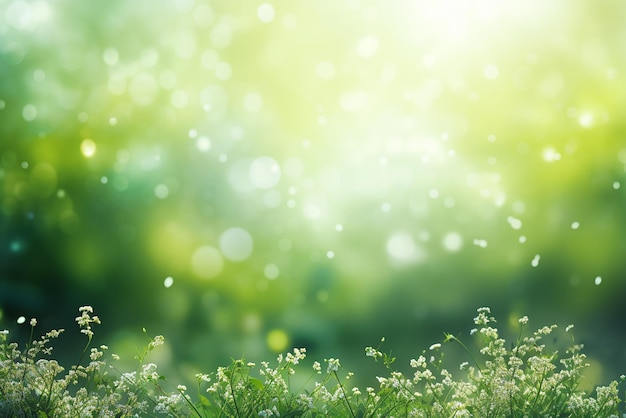 A green blurred background with spring flowers