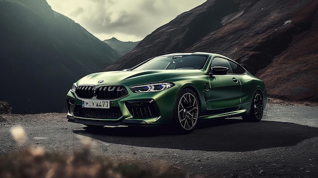 Зеленое купе bmw m8 на горной дороге.