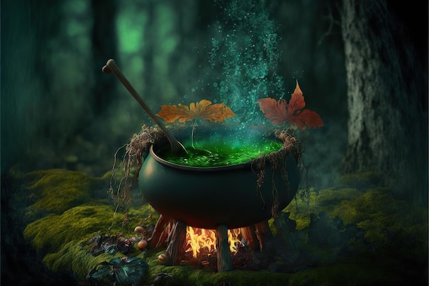 생성 인공 지능으로 만든 동화 숲의 모닥불에 있는 오래된 가마솥의 녹색 끓는 물약