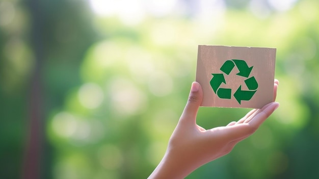 Over a green bokeh background a hand holds the recycle symbol eco and environmental concepts generative ai