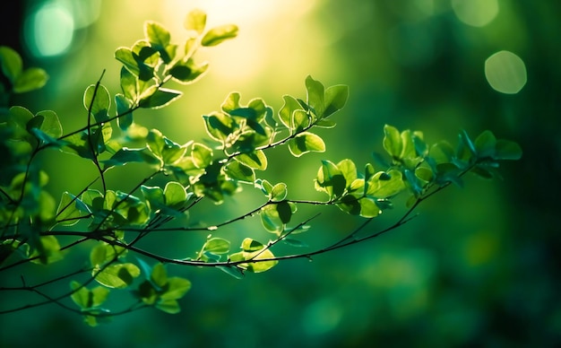 나뭇가지 뒤에 태양이 있는 녹색 보케 배경