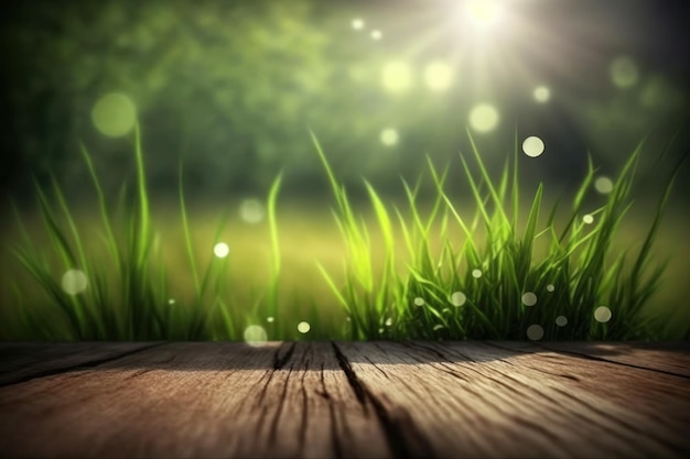 Green bokeh sunlight and new spring grass on a wooden floor a lovely natural setting