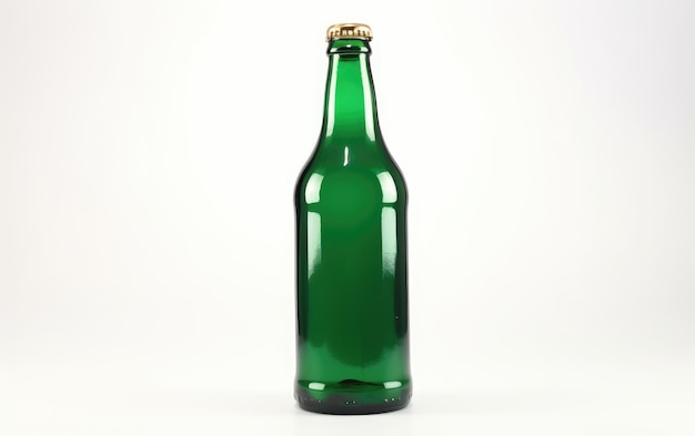 Зеленая бутылка пива с золотой крышкой, изолированная на белом фоне, макет алкогольного пива, сгенерированный ai