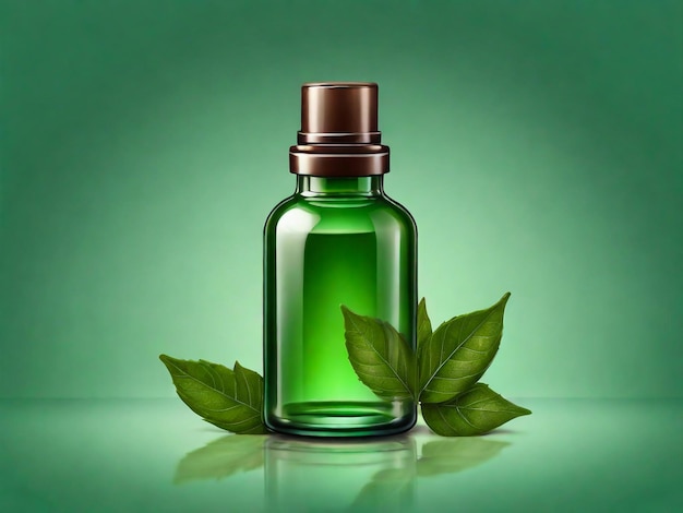 a green bottle of green leaves with a green background