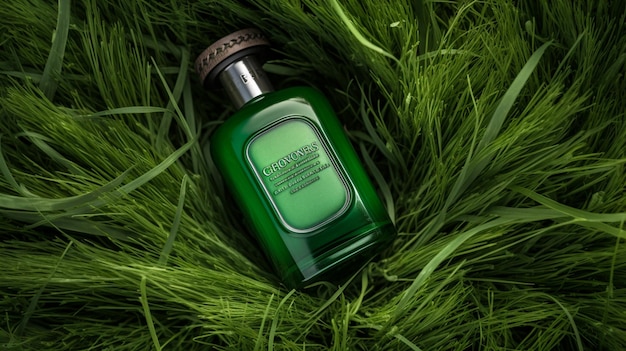 a green bottle of green perfume sits in a patch of grass.