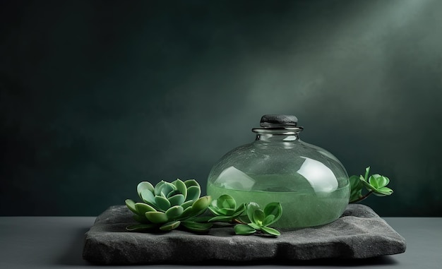 A green bottle of liquid sits on a stone with a succulent plant on the right.