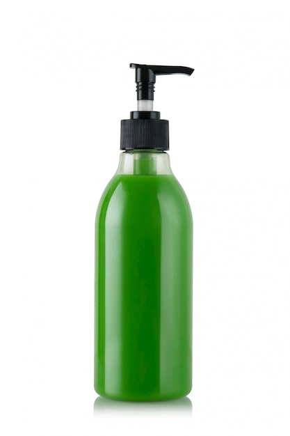 Green bottle of liquid soap or gel with a pump