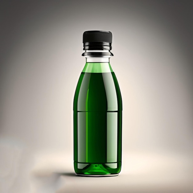 A green bottle of liquid with a black cap.