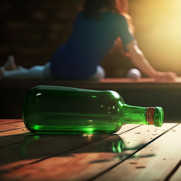 Green bottle lying down on the floor