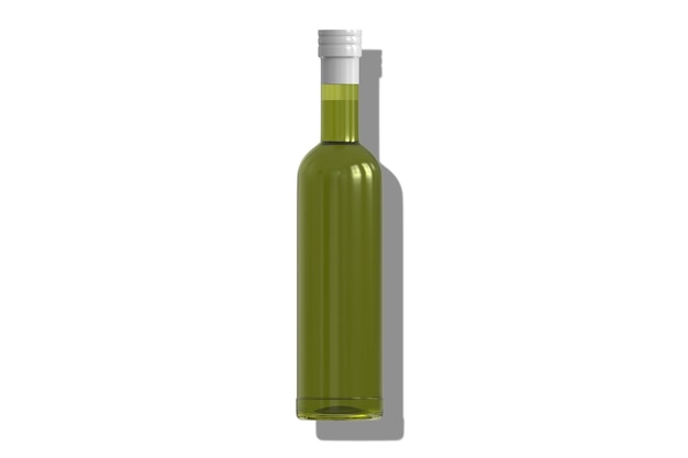 A green bottle of olive oil with a white cap on a white background.