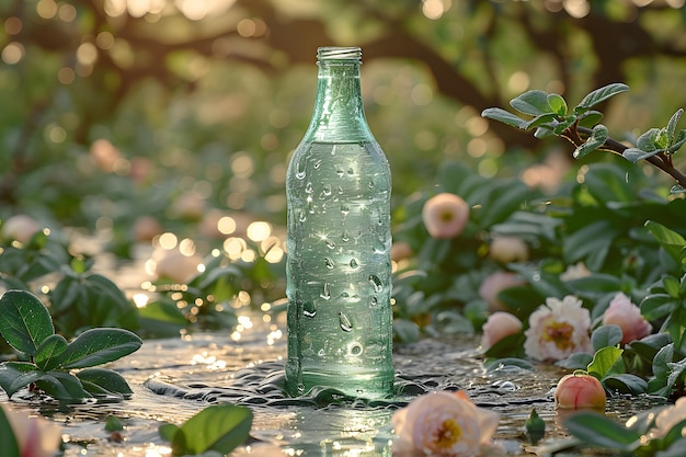 Зелёная бутылка, опирающаяся на лужу воды Генеративный ИИ