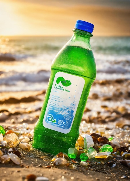 a green bottle of sea salt sits on a beach with pebbles in the background