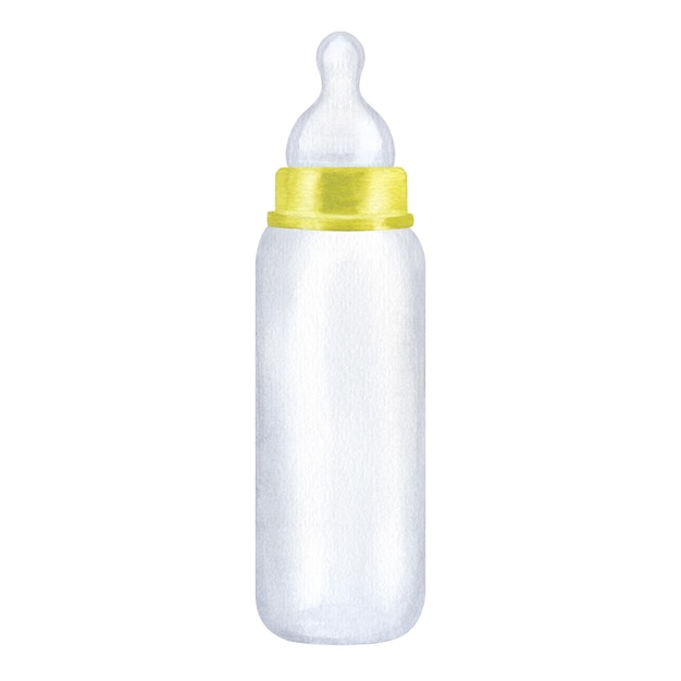 Green bottle silicone nipple Milk infant formula Newborn girl watercolor illustration isolated