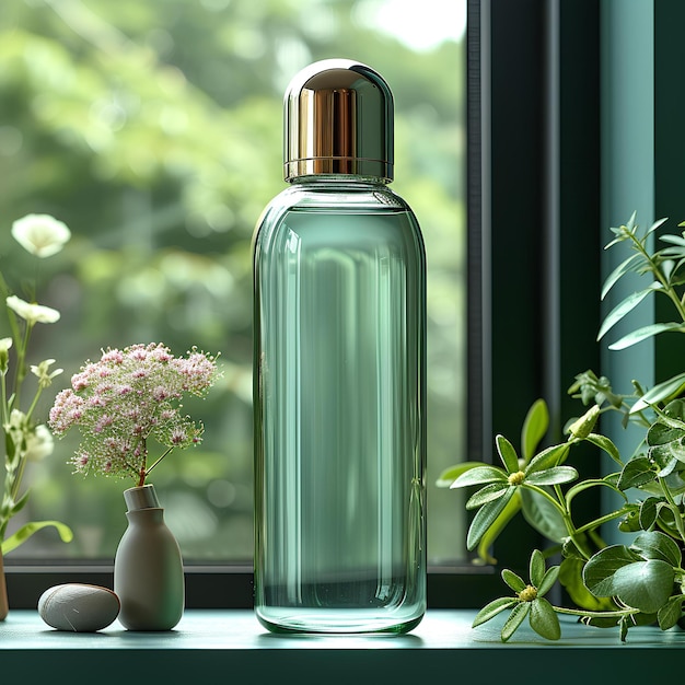 A green bottle sitting on a window sill next to a vase with flowers in it and a small potted plant