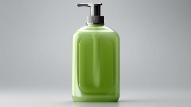 A green bottle of soap with a black cap and a black handle.