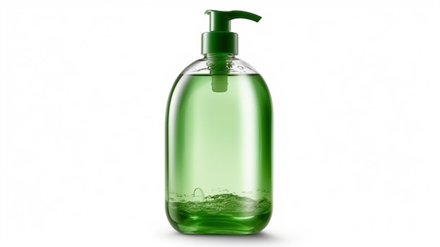 A green bottle of soap with a clear liquid in it.