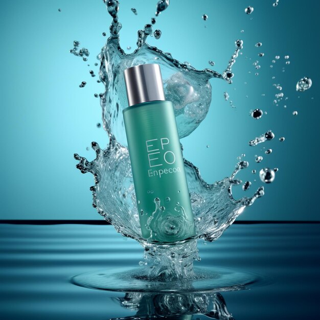 Photo a green bottle of sunscreen is splashing in a water splash.