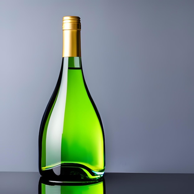 A green bottle of wine with a gold cap sits on a black table.