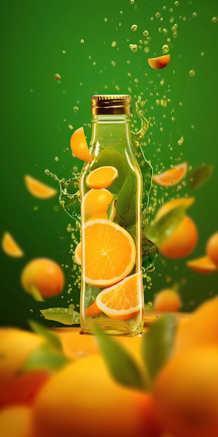 a green bottle with oranges and lemons on it