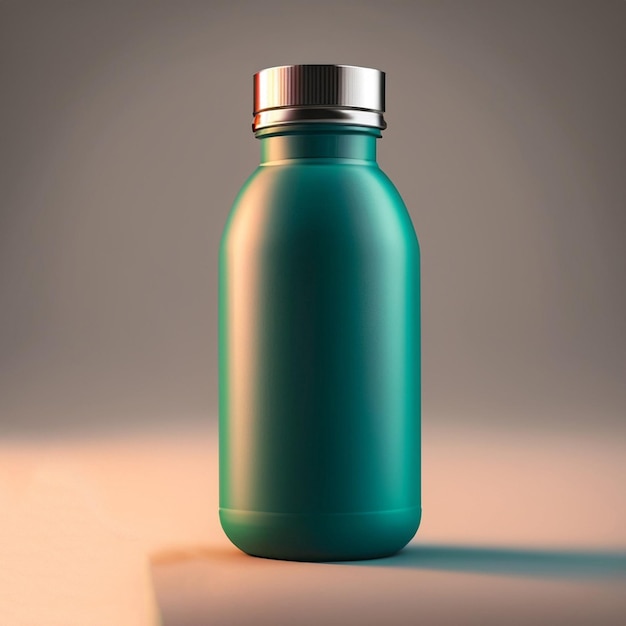 A green bottle with a silver cap sits on a table.