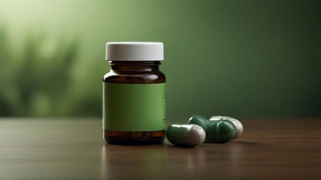 Photo a green bottle with a white cap and green pills on a table