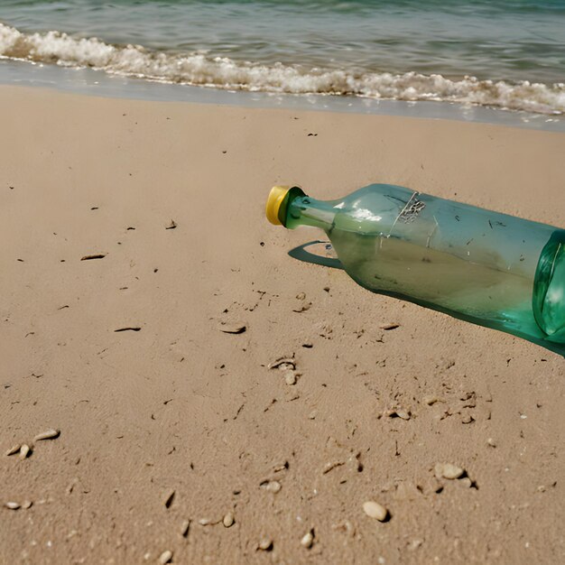 a green bottle with the word sea on it is laying on the sand