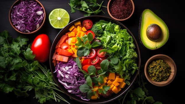 Green bowl or buddha bowl salad with colorful vegetables and herbs on a dark wooden table top