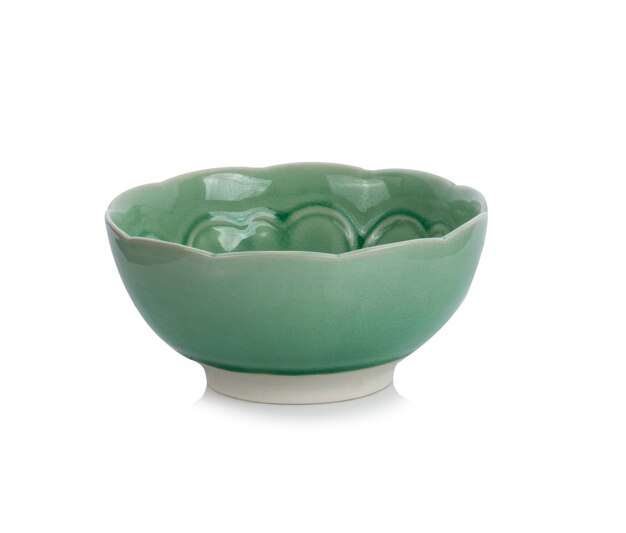 Photo green bowl ceramic isolated on white.