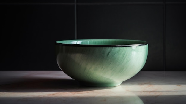 A green bowl is on a table in front of a black background.