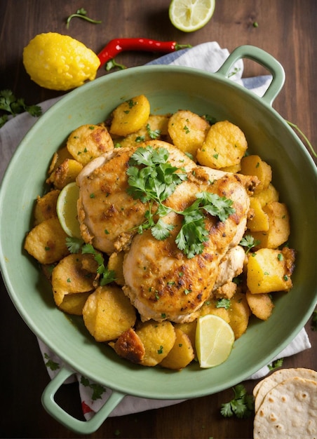 Photo a green bowl with chicken and potatoes in it