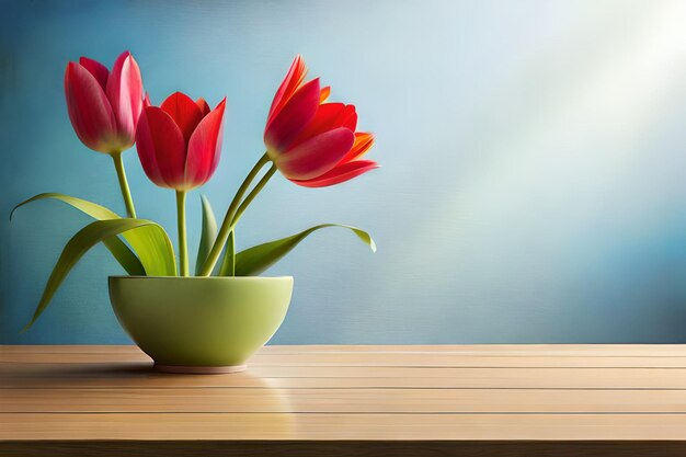 A green bowl with red tulips on it sits on a wooden table.