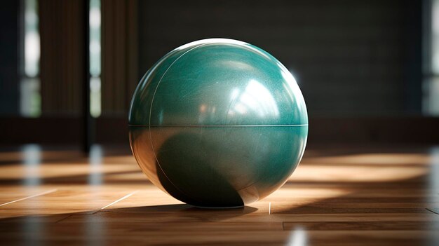 a green bowling ball is on a wooden floor