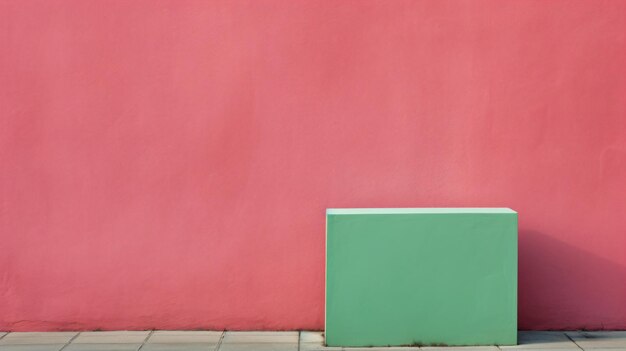 a green box sitting on a sidewalk next to a pink wall