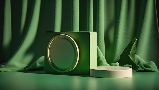 A green box with a circle on the front sits on a green table.