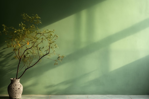 Green branch tree with shadow on green wall background with copy space